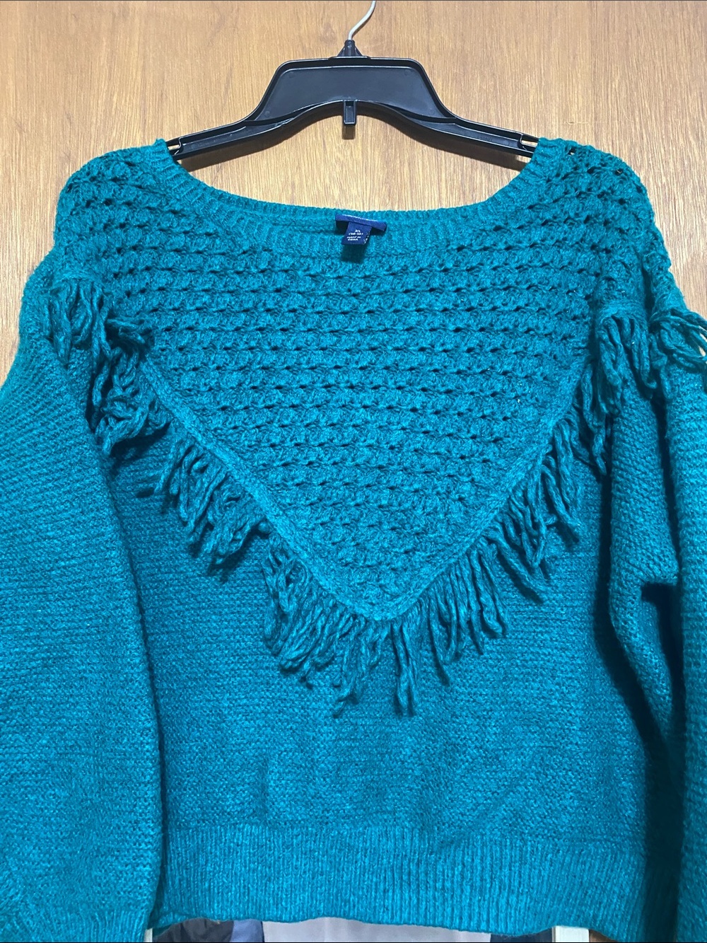 Women's Teal Fringe Knit Sweater - Crew Neck